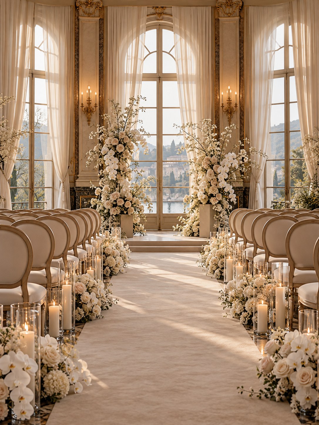 Elegant ivory floral ceremony in a luxury hotel salon