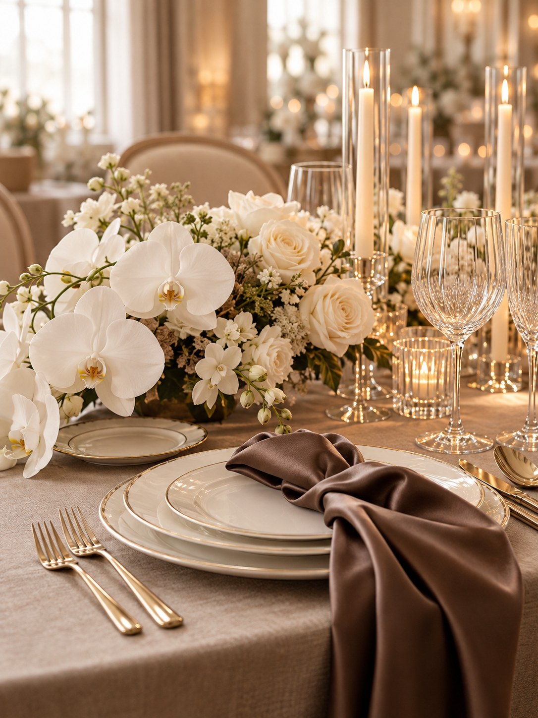 Crystal, ivory flowers and champagne gold table setting inspiration